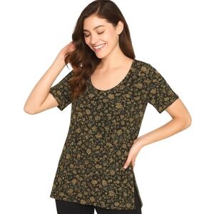 LuLaRoe Shirt XS Black Multicolor Floral‎ Short Sleeve Boho Casual Everyday NEW